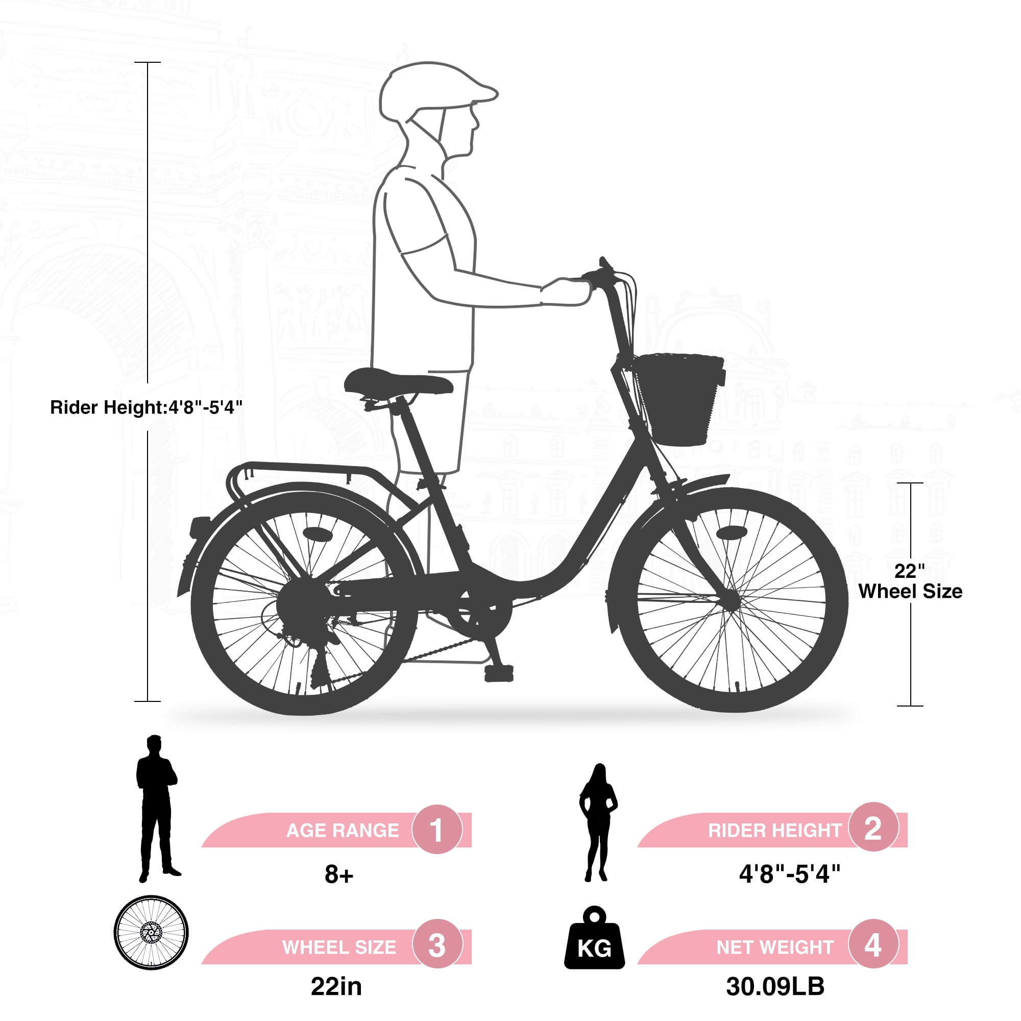 Aukfa Cruiser Bike, Hybrid Bikes with Basket for Girls Kids,Pink