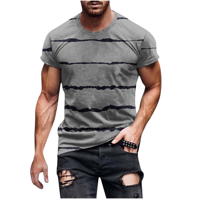 Penkiiy T-Shirt à Manches Courtes pour Hommes, Col Rond, Rayé, Imprimé, Entraînement Physique, Sport, Gris