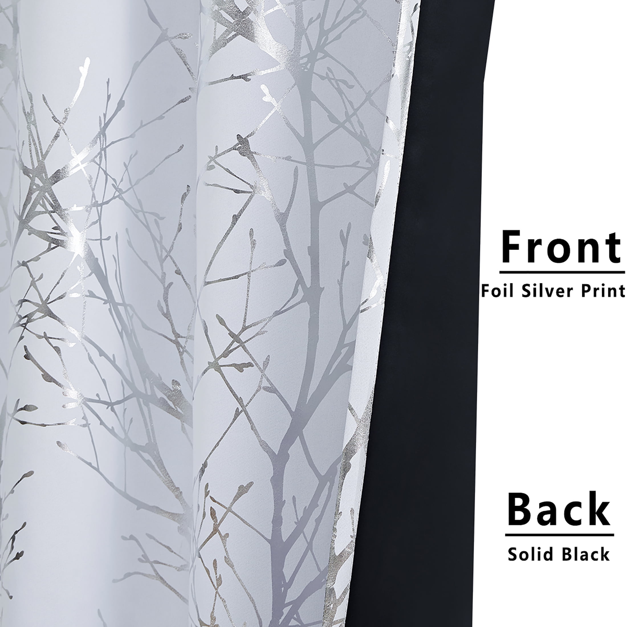 Decoultimatex Silver White Tree Branch Metallic Blackout Window Curtain Panel Light Blocking Noise Reduction Drapes, Grommet Top, 50"x 96"x 2