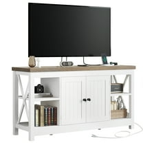 Uforic Farmhouse TV Stand with Built in Power Outlet for TVs up to 55", Wood TV Media Console, White