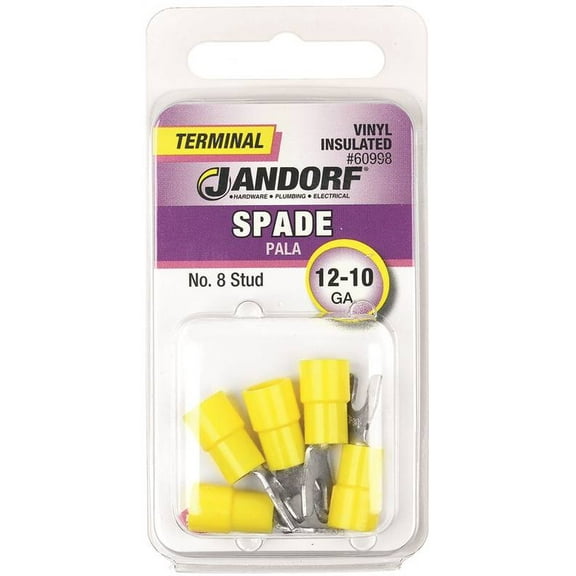 Jandorf 60998 Spade Terminal, 600 V, 12 to 10 AWG Wire, #8 Stud, Vinyl Insulation, Copper Contact, Yellow