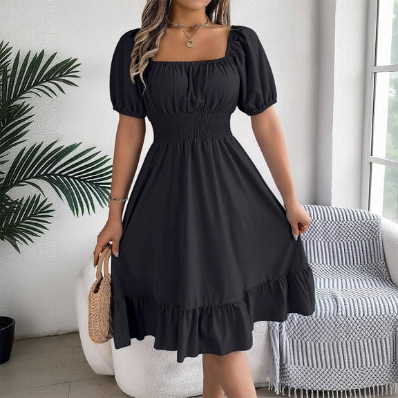 Dresses for Women Retro Square Collar Fungus Hem Waist A-line Long Skirt Short-sleeved Dress for Daily Party Wear (Black L)