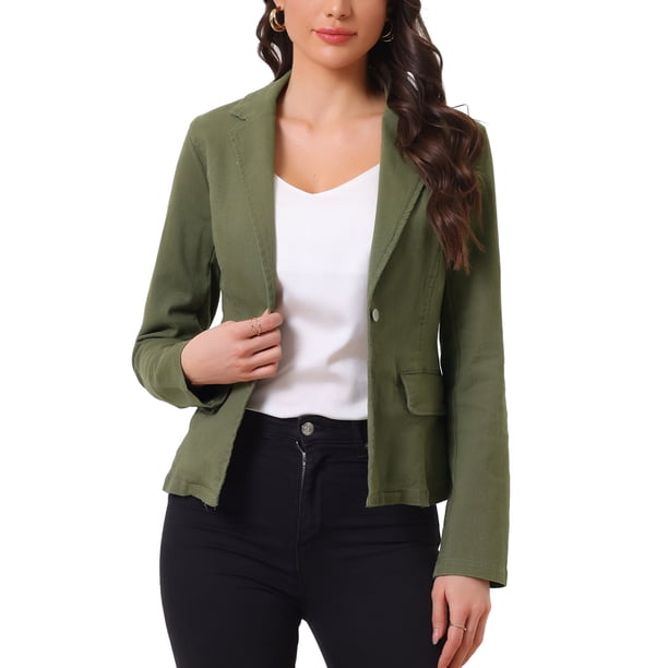 Chaqueta de mezclilla lavada de manga larga con botones y solapa para mujer Inspire Chic en verde