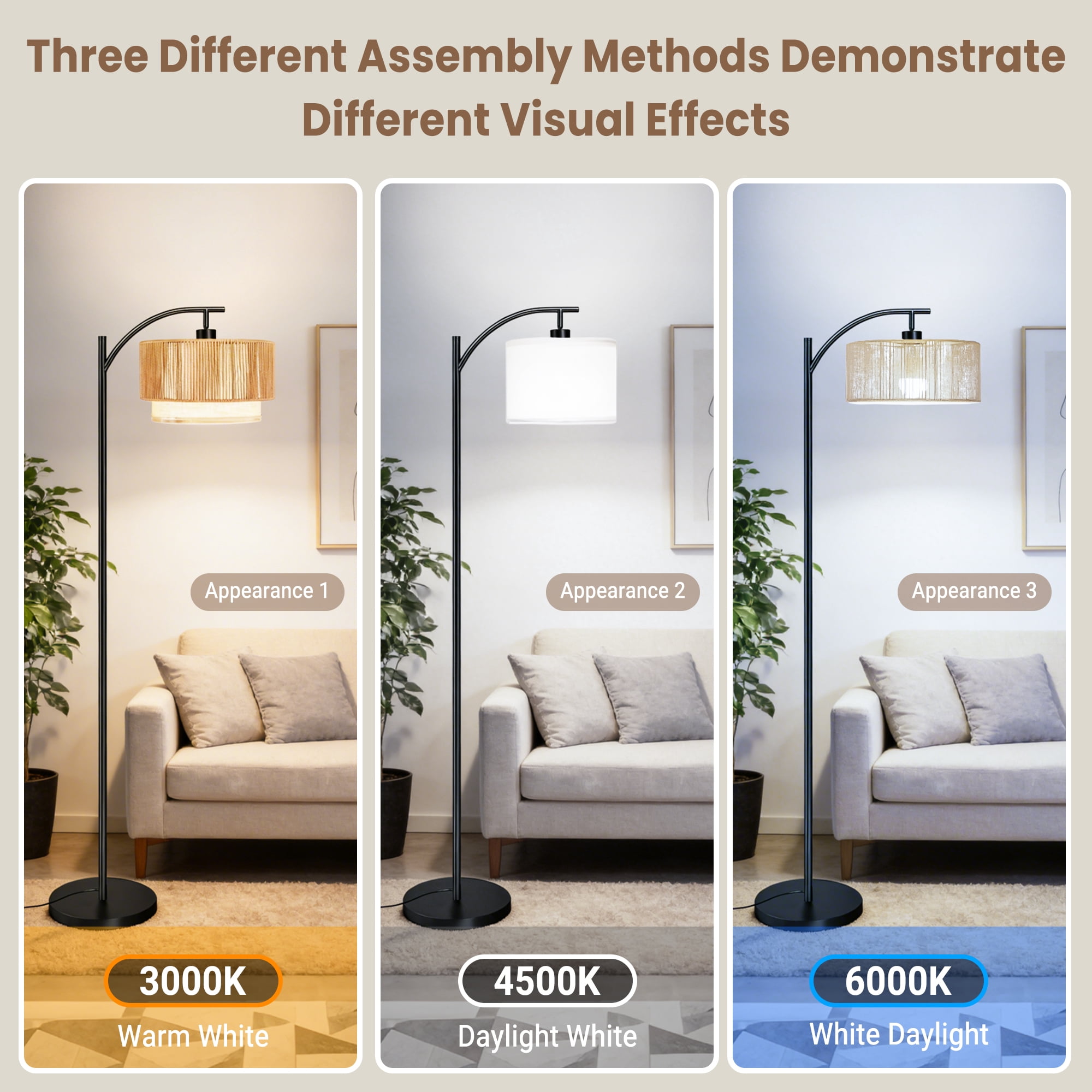 DAYBETTER Floor Lamp for Living Room, Arc Floor Lamps with 3 Color Temperatures, Farmhouse Unique Hanging Douoble Drum Lampshade, for Bedroom, Living Room