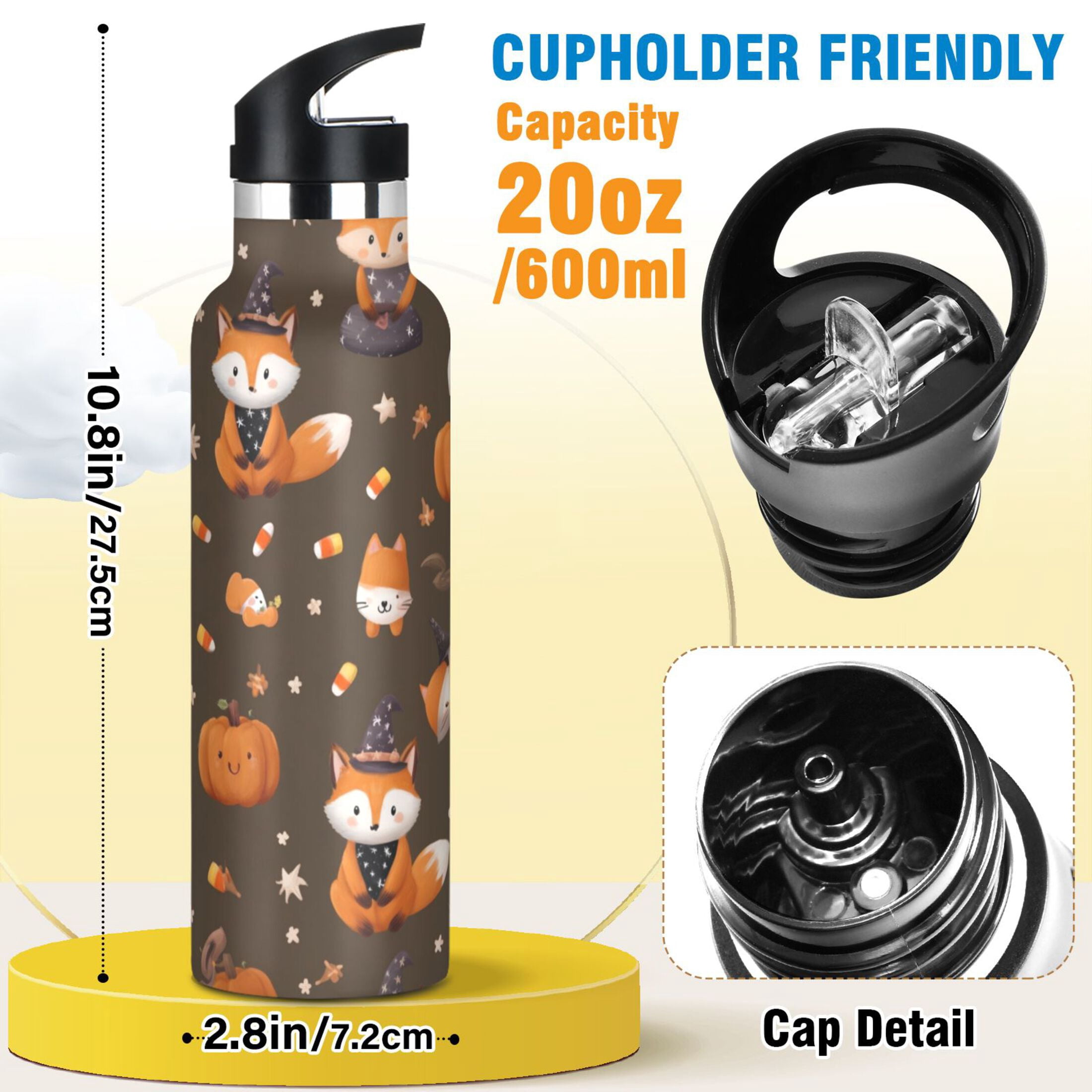 Kids Insulated Stainless Steel Sports Water Bottle 600ml (20oz) Cute Foxes in Cute Costumes