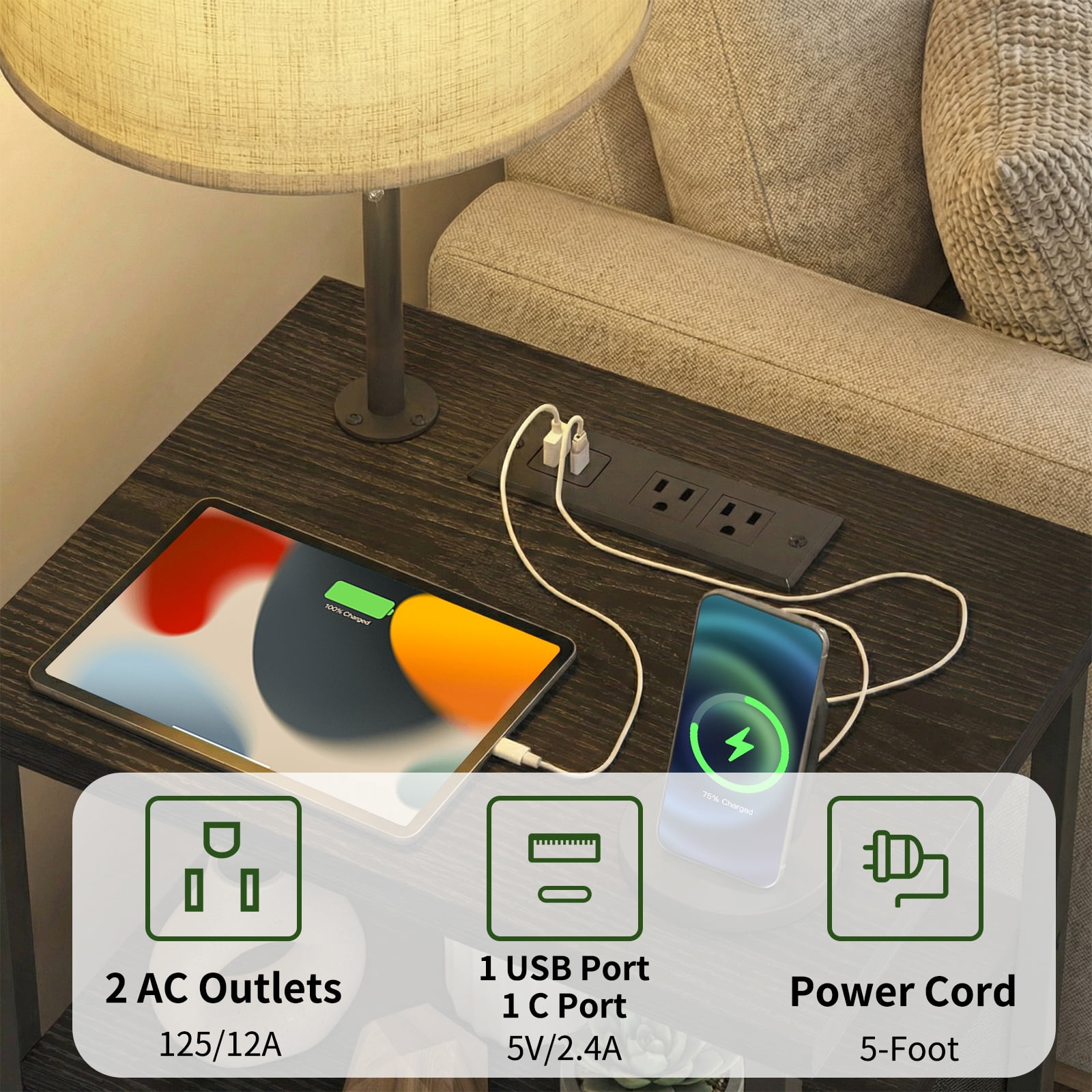 TOMNK Floor Lamp with Table, End Table for Living Room with Lamp, Shelves Side Table with Charging Station(USB & AC Port), 3 Color Temperature LED Bulb, Modern Nightstand Lamp for Bedroom, Office