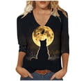 thumbnail image 2 of Women's Cat Graphic Tops V-Neck 3/4 Sleeve Blouses Witch Moon Print Fall Shirts Casual Lightweight Tees Comfortable Halloween Party Pullovers Holiday, 2 of 5