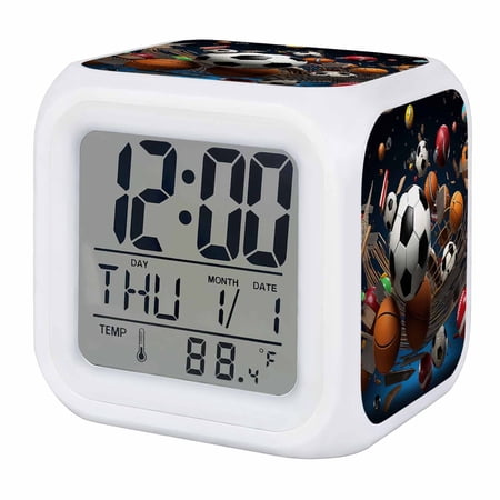 Sports Digital Alarm Clock for Bedrooms, Smart LED Alarm Clock with 7 Color Changing Night Light, Football Basketball Baseball Ball Games Silent Wake Up Clocks for Sleep Study Cooking 3.2x3.2