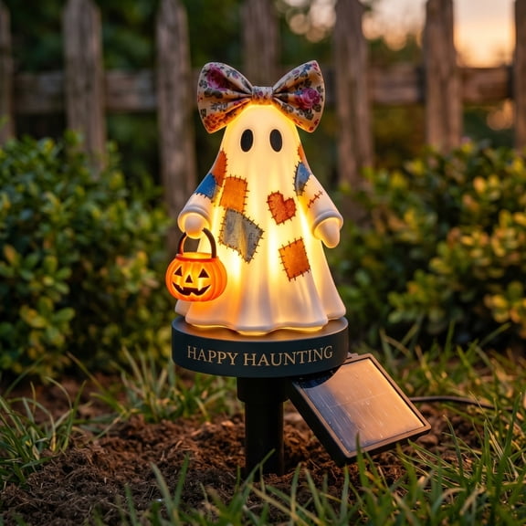 Solar Ghost Yard Stake Light with Patchwork Pumpkin and Bow, Halloween LED Outdoor Pathway Light for Garden, Lawn, Walkway, Patio, Porch and Spooky Holiday Decor, Multicolor