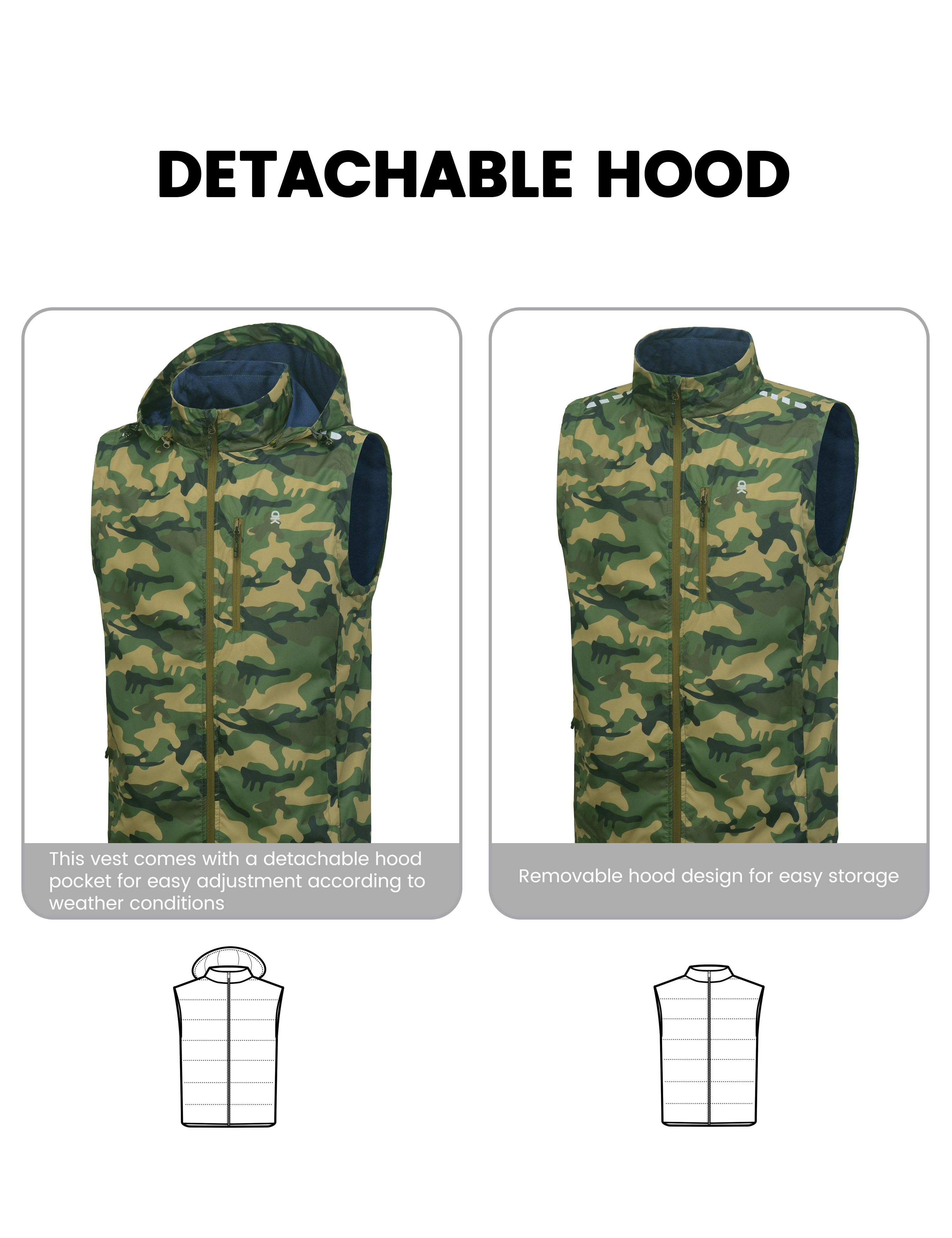 Little Donkey Andy Men's Lightweight Softshell Vest Detachable Hood Windproof Golf Sleeveless Jacket for Hiking Running Green Camouflage M