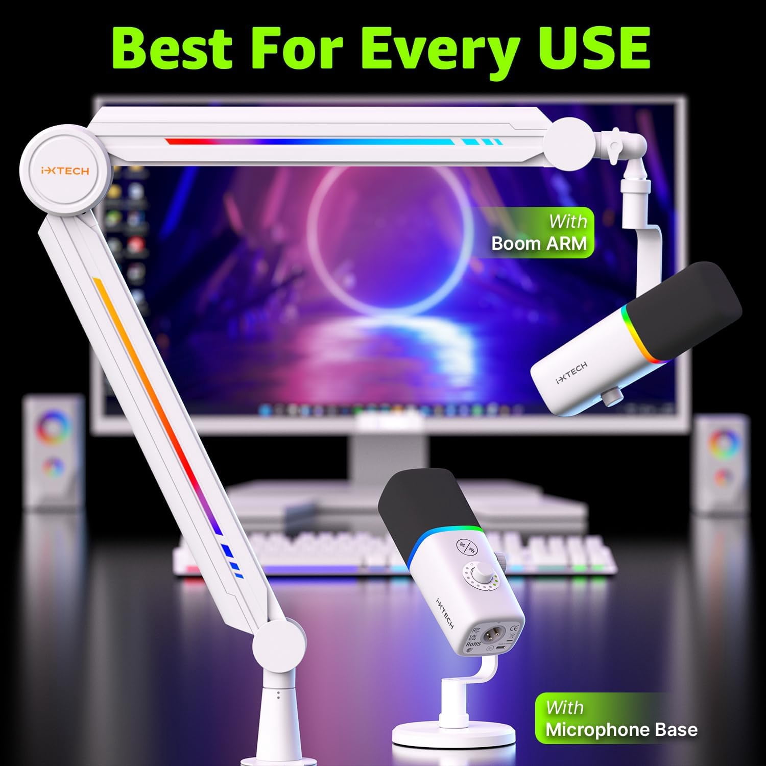 IXTECH Gaming USB Microphone for PC, Noise Cancellation Condenser Mic for Podcasts and Video Streaming with Tripod Stand, Pop Filter, Shock Mount, Gain Control, RGB Lights, Quiet Mute Button (White)