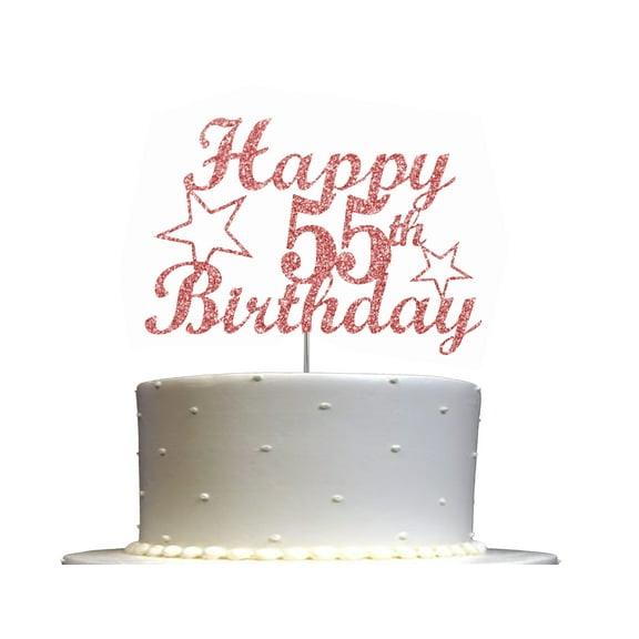 55 Birthday Cake Topper Rose Gold Glitter, 55th Party Decoration Ideas, Sturdy Doubled Sided Glitter, Acrylic Stick. Made in USA