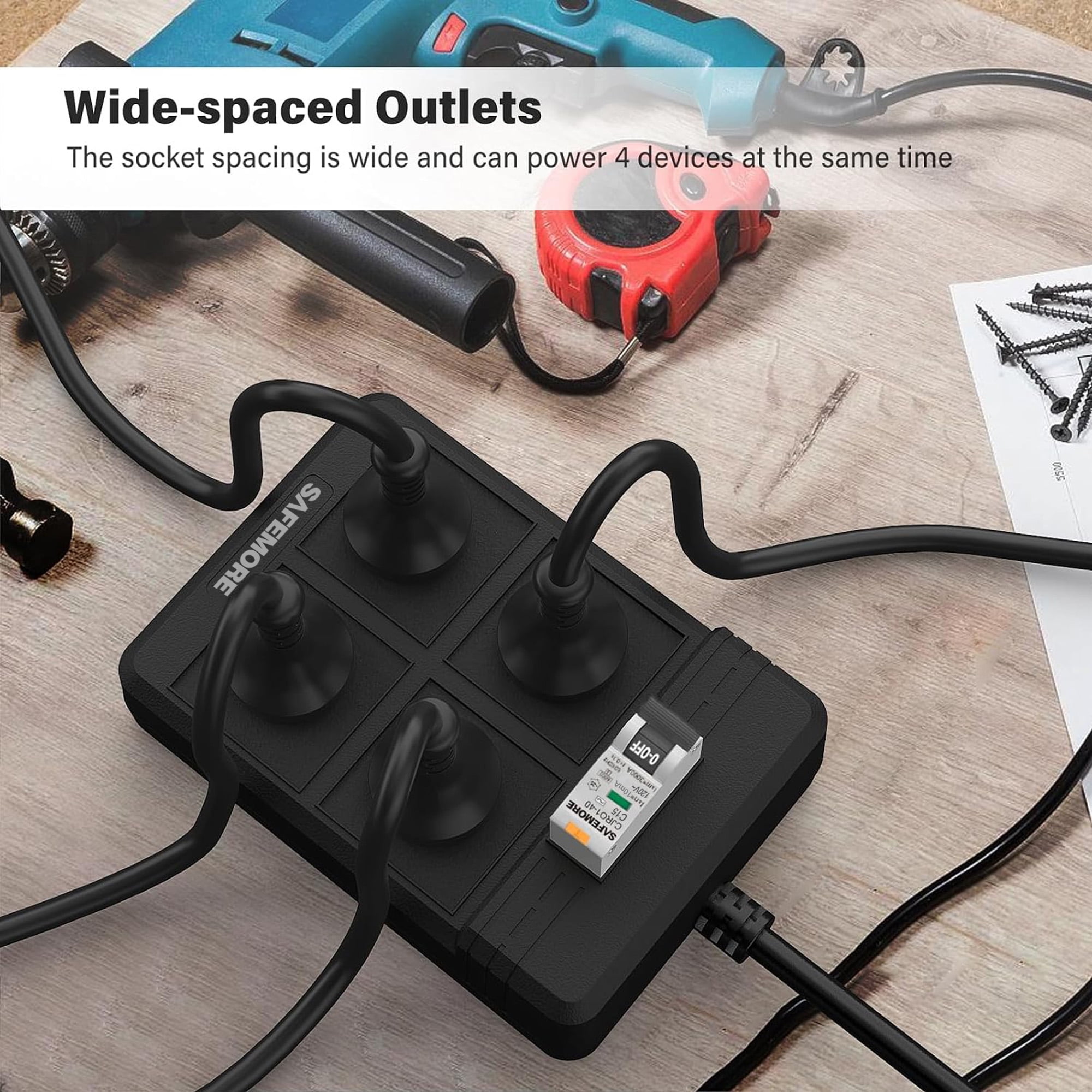 Safemore SM-RCDM-BK 14 Gauge 5.9 ft Black 4 Outlet SJT Extension Cord