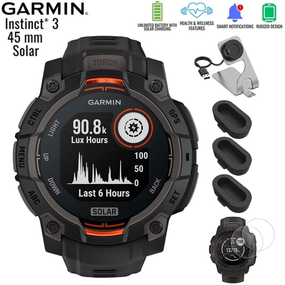 Garmin 010-02934-00 Instinct 3 - 45 mm Outdoor GPS Smartwatch SOLAR Black with Black Band Bundle with Deco Essentials Charging Dock, Silicone Dust Cover 3 Pack and 2-Pack Screen Protector