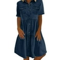 thumbnail image 2 of Miluxas Womens Summer Midi Denim Dress Short Sleeve Button Down Jean Shirt Dresses Casual Knee Length Tiered Cowboy Sundress Dark Blue M(M), 2 of 9