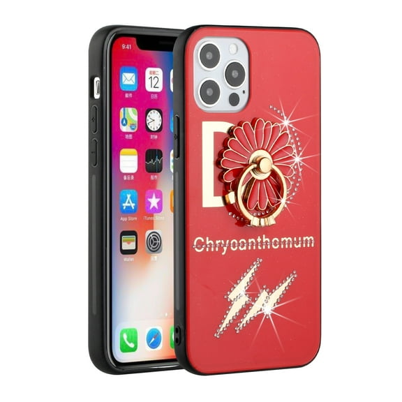 For Apple iPhone 13 (6.1") Diamond Bling Sparkly Glitter Ornaments Engraving Hybrid Armor with Ring Stand Holder Fashion Cover ,Xpm Phone Case [Red Flower Ring]