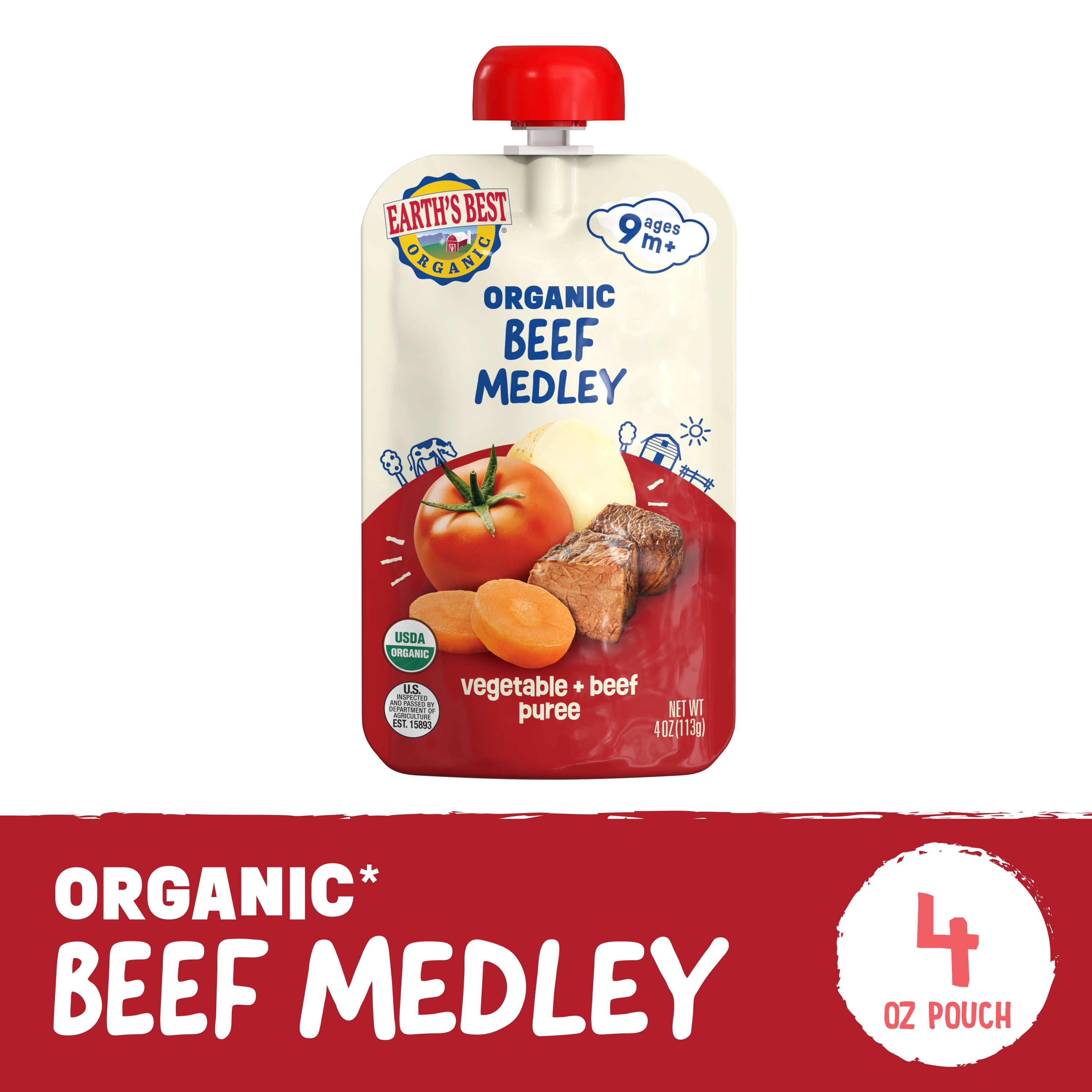 (3 pack) Earth's Best Organic Stage 3 Baby Food, Beef Medley Protein & Veggie Puree, 4 oz Pouch