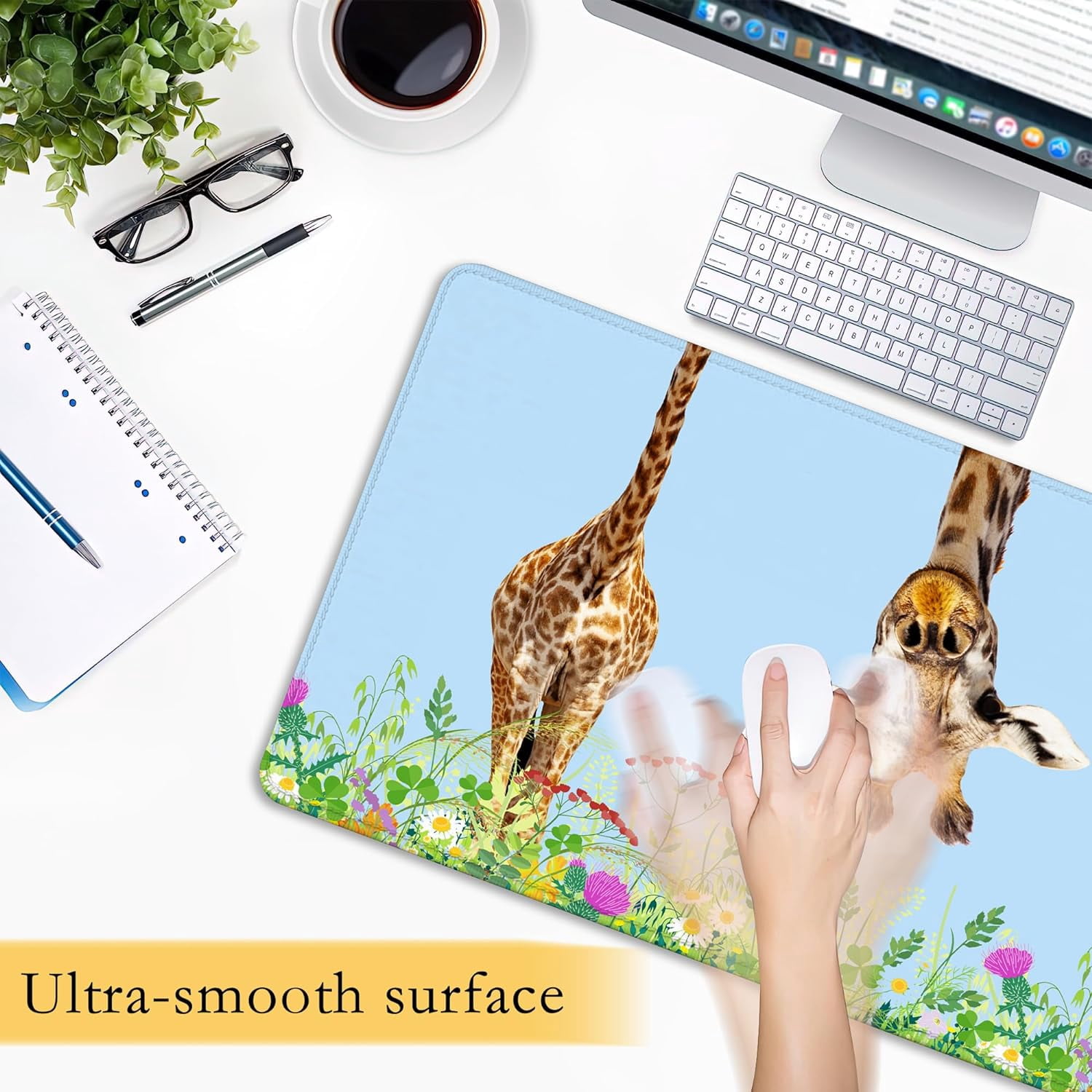 Funny Giraffe with Flowers Desk Mat,Large Gaming Mouse Pad,Non-Slip Rubber Base Mousepad with Stitched Edges,Waterproof Mouse Mat Desk Pad for Work, Game, Office (31.5x15.7 in)