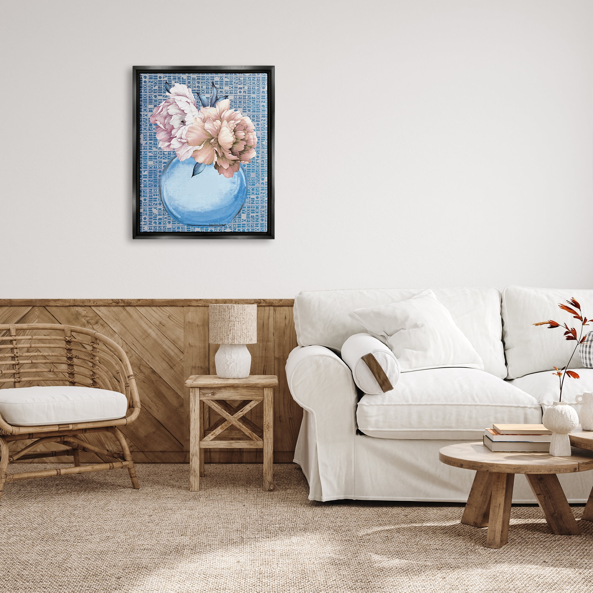 Stupell Industries Peonies on Typography Pattern Botanical & Floral Painting Black Floater Framed Art Print Wall Art, 25 x 31