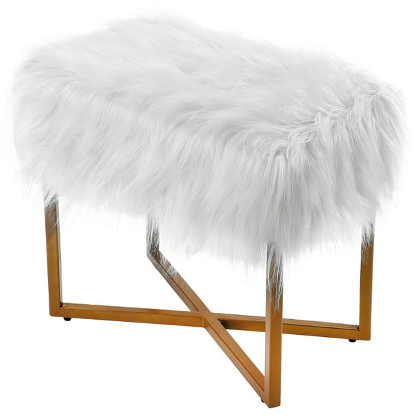 BirdRock Home Rectangular White Faux Fur Foot Stool Ottoman with Gold