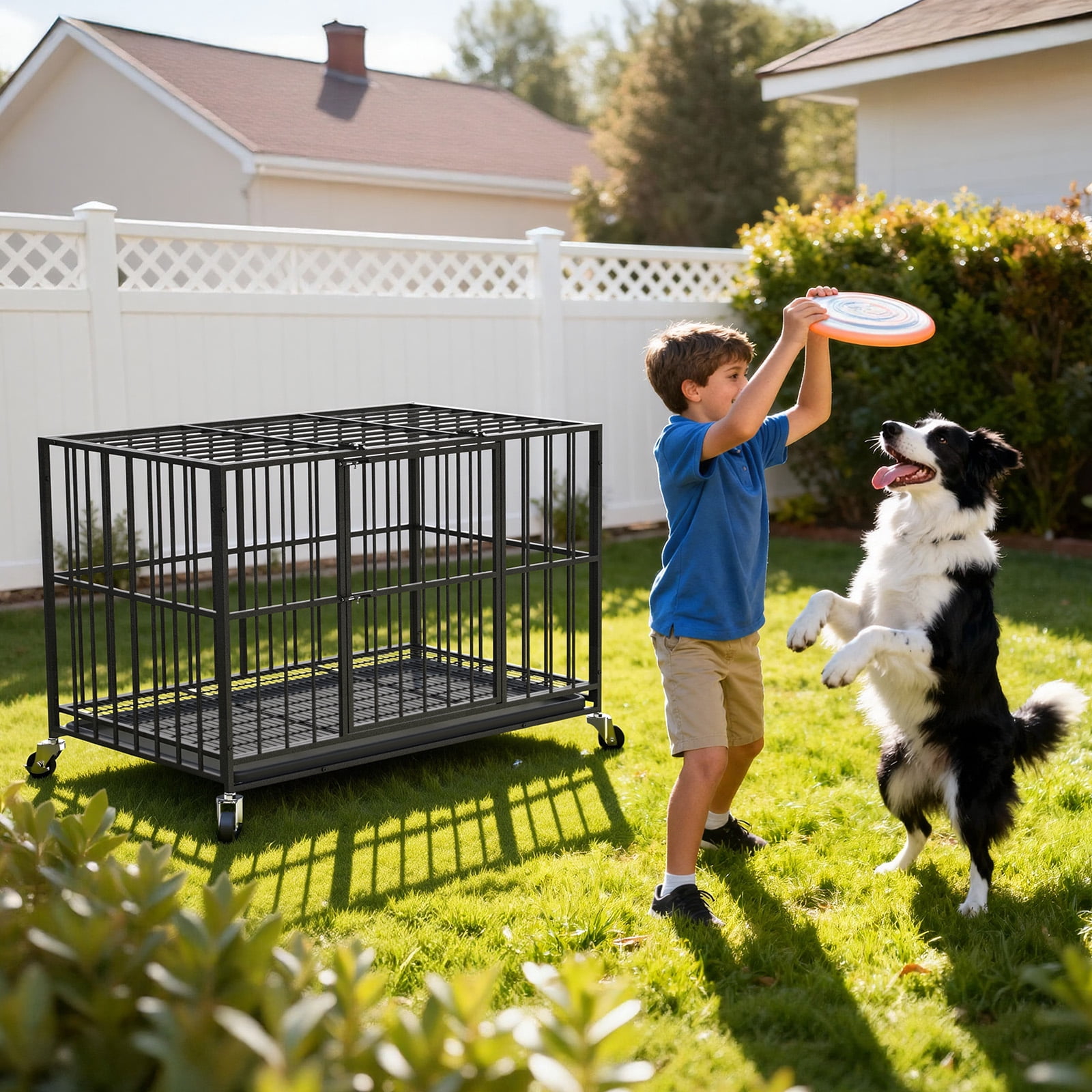 TIME RAY 48 Inch Heavy Duty Dog Crate Cage for Large Dog with Steel Escape Proof, Indoor & Outdoor Double Doors,Lockable Wheels and Removable Tray,Black