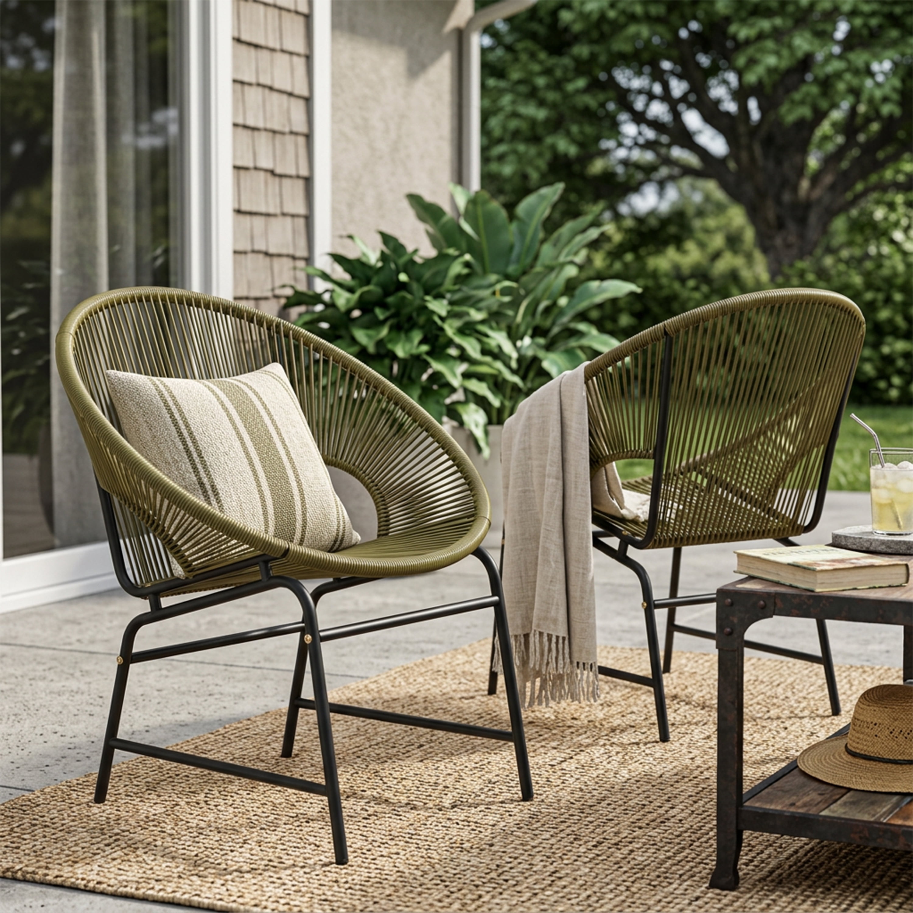 Outdoor PE Rattan Wicker Chairs Set of 2 with Iron Frame for Garden Porch Balcony, Green