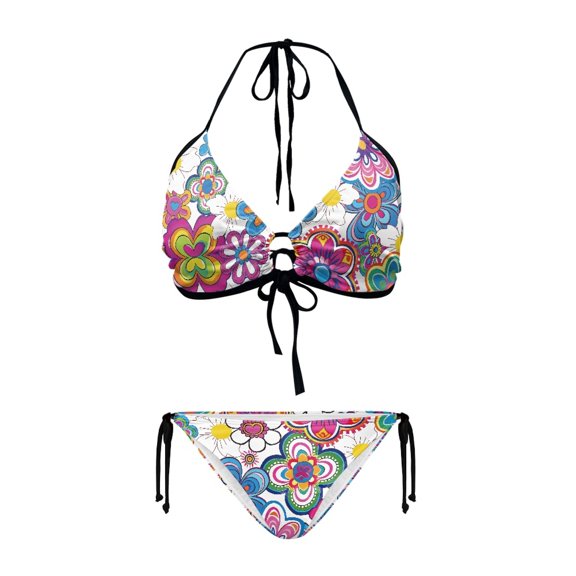chaqlin Women's Halter Neck Two Piece Bikini Set - Vibrant Psychedelic Floral Print - Tie Side Triangle Swimwear for Beach & Pool Vacations