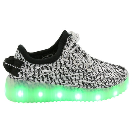 LED Shoes Light Up Kids Knit Toddler Sneakers USB Charging Low Top Strap Lace (White /
