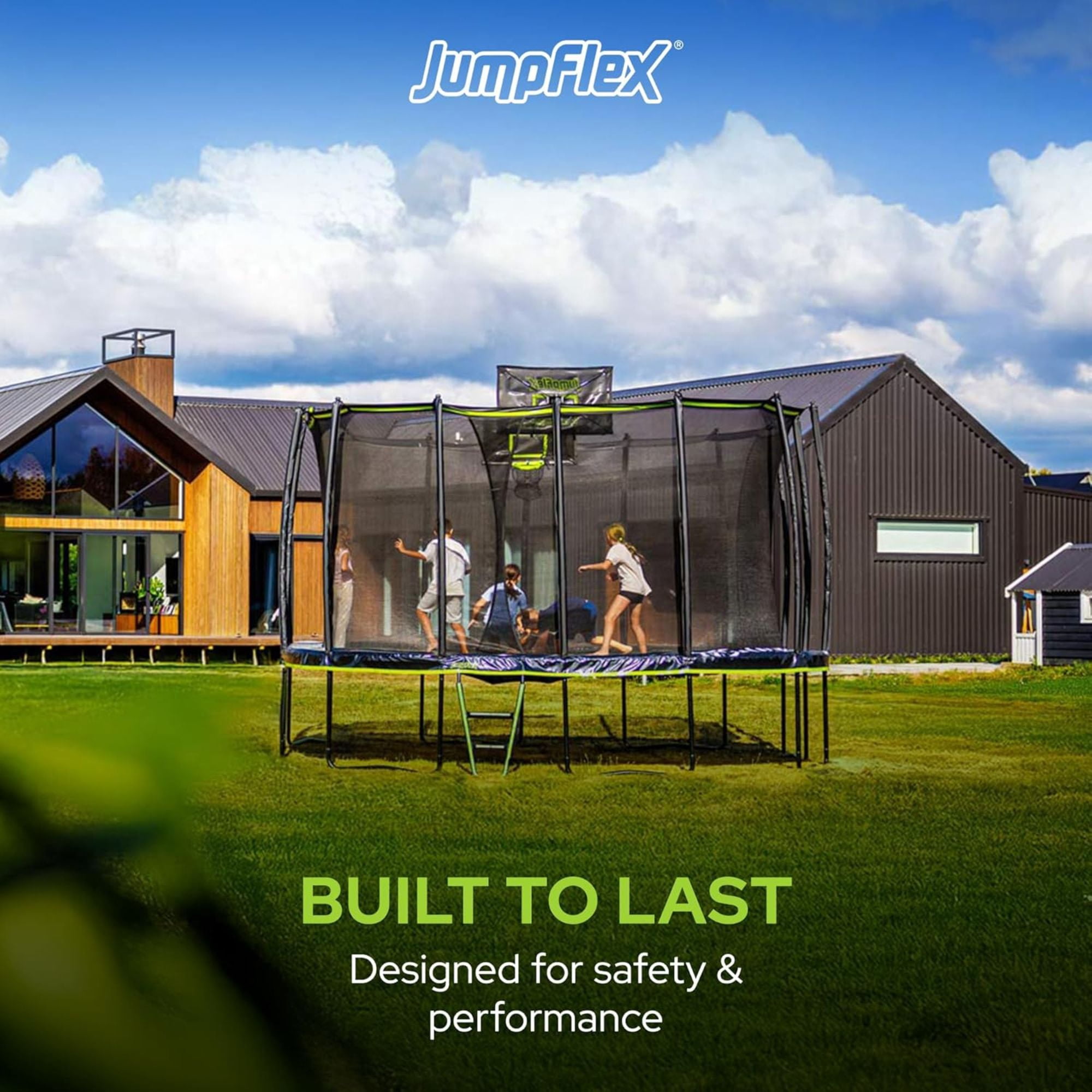 JumpFlex 19' Trampoline MEGA Outdoor Playset with Net and Ladder, Green/Black