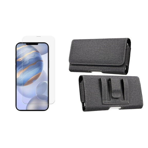 Bemz Pouch Bundle for Apple iPhone 12: Horizontal Rugged Nylon Phone Belt Holster Case (Card/Coin Holder Slots) with Tempered Glass Screen Protector - Black
