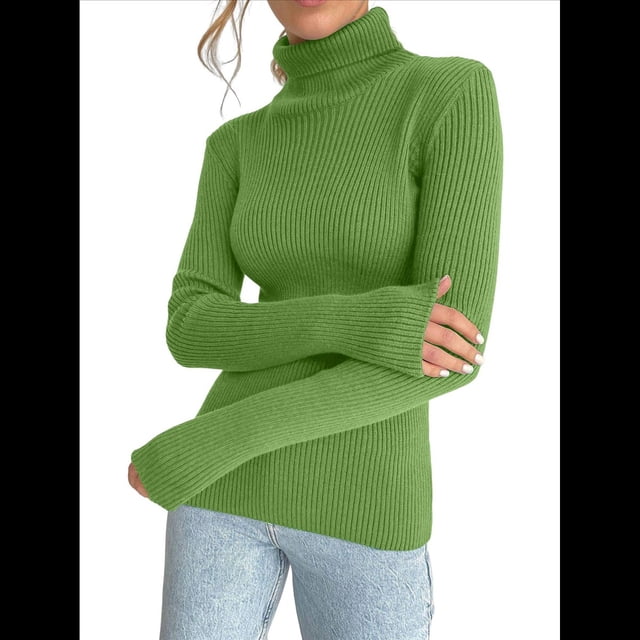 Suéteres Acanalados para Mujer, Lindos Suéteres de Punto de Cuello Alto, Ajustados y Cálidos Verde un Tamaño