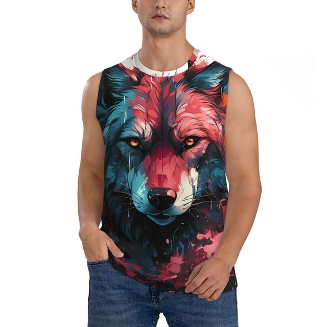 Fotbe Red Flame Wolf Head Men's Camiseta sin Mangas Estampada para Hombres, Playera Casual para Gimnasio, Entrenamiento, Playa-Medium
