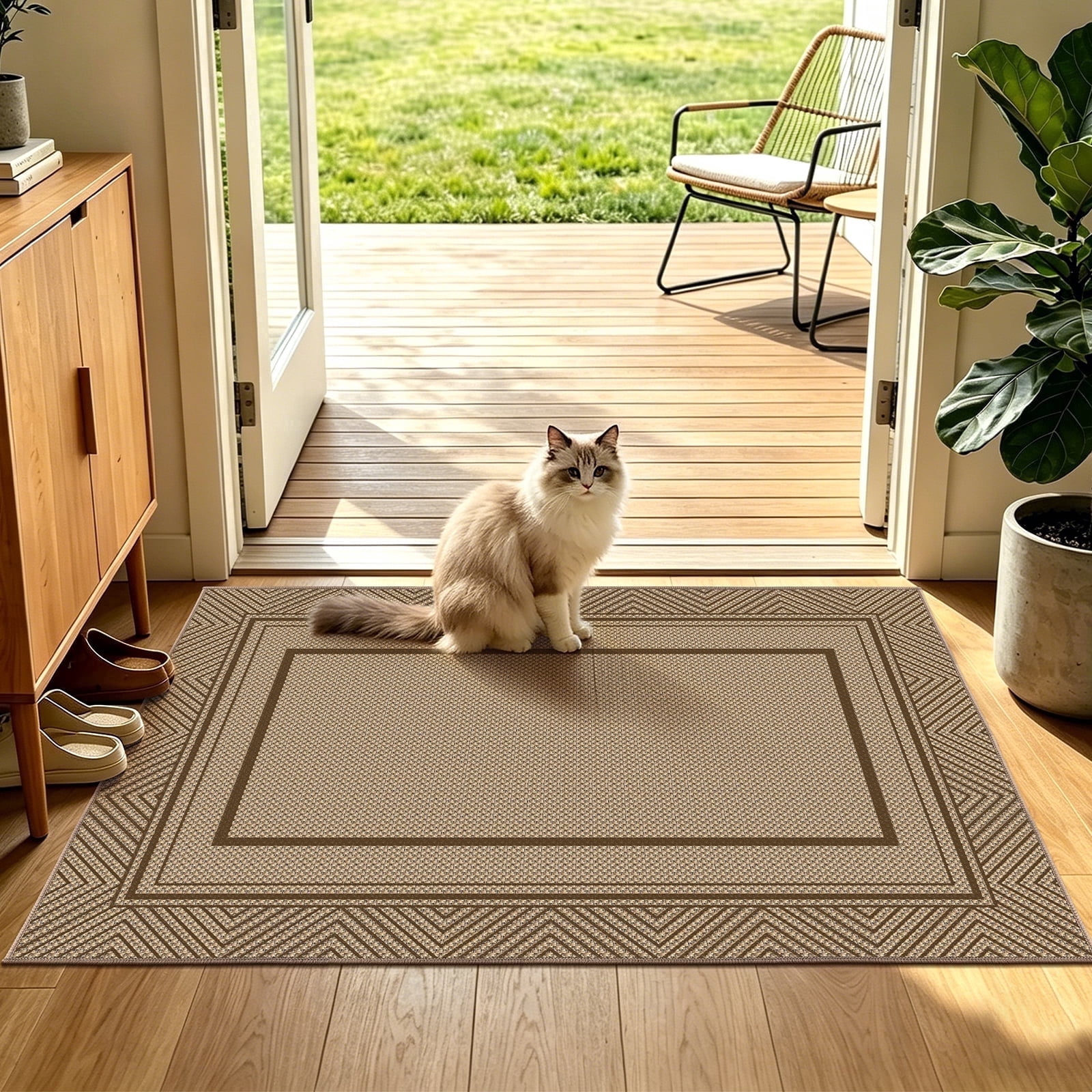 ORGOWEL Easy Jute Door Mat 3*5ft Washable Geometry Line Doormat Non-Slip Absorbent Indoor Outdoor Mat Stain Resistant Low Profile Floor Mat for Entryway Bedroom Patio,Brown
