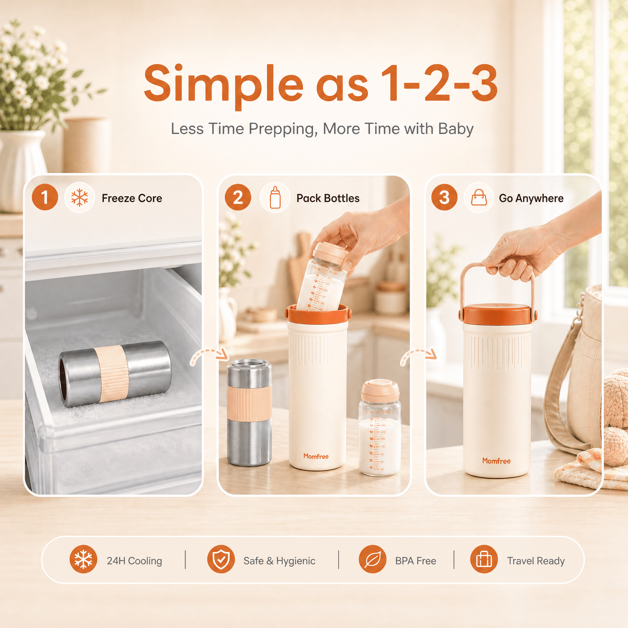 Momfree 22oz Portable Breast Milk Cooler, 24H 360° Continuous Cooling, Stainless Steel Breastmilk Chiller with 2 BPA-Free Bottles for Travel