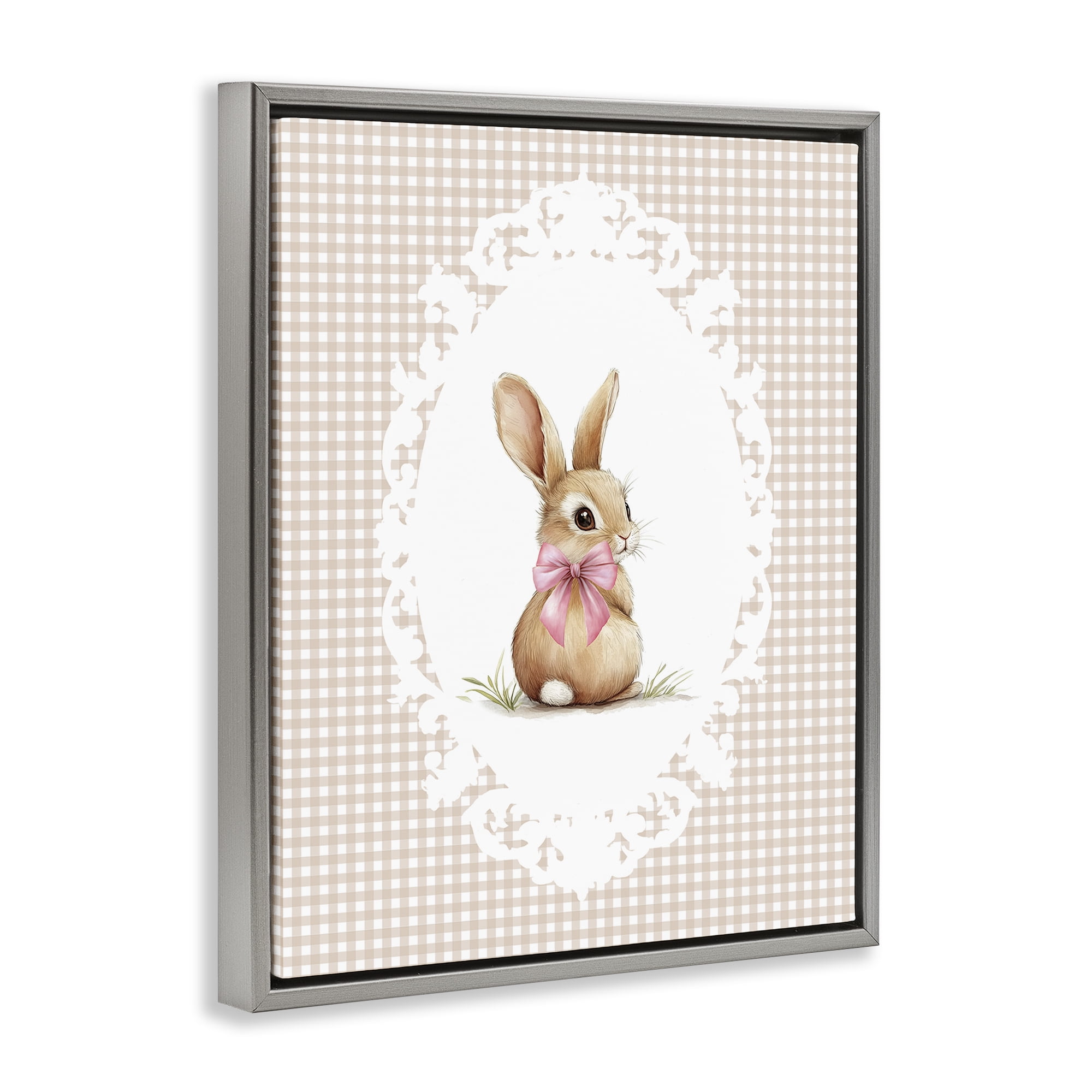 Stupell Industries Vintage Bow & Gingham Bunny Gray Framed Floater Canvas Wall Art, design by Christine Simpson Art
