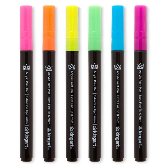 KINGART® PRO Extra Fine Point Acrylic Paint Pen Markers, Water-Based Ink, Set of 6 Neon Colors