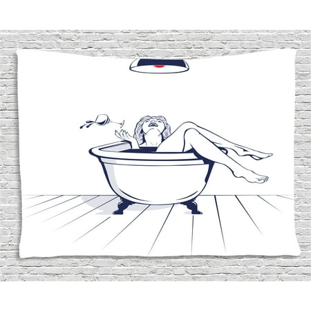 Bathroom Wall Hangings Wine Tapestry, Young Beautiful Woman Relaxing on the Bathroom with Glass of Wine Drawing Art, Wall Hanging for Bedroom Living Room Dorm Decor, 60W X 40L Inches, Dark Blue Red White, by Ambesonne ()