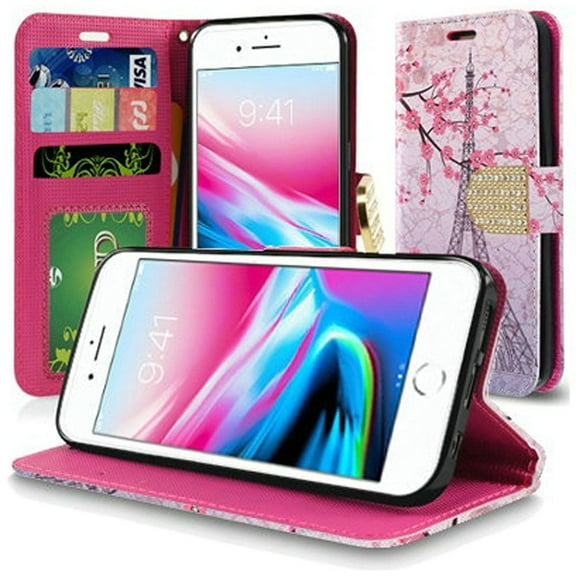 GSA Folio Flip Eiffel Tower Wallet Case For iPhone 8 Plus/7 Plus - Pink/White