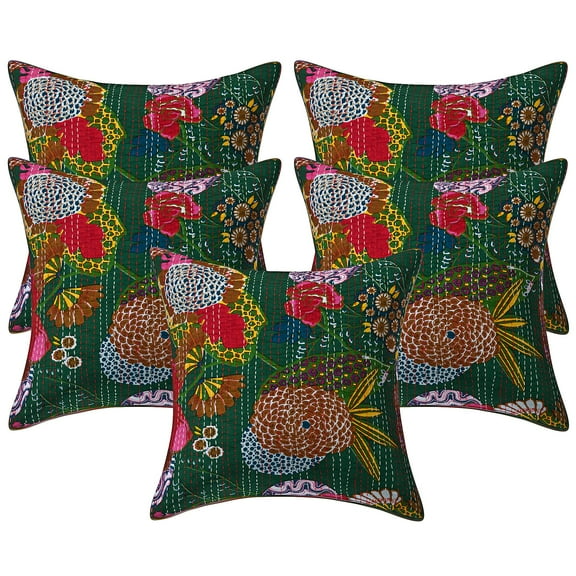 Stylo Culture Indian Couch Throw Pillow Covers 16 x 16 Kantha Dark Green Printed 40 x 40 cm Living Room Toss Pillow Case Cotton Tropicana Square Cushion Covers | Set Of 5