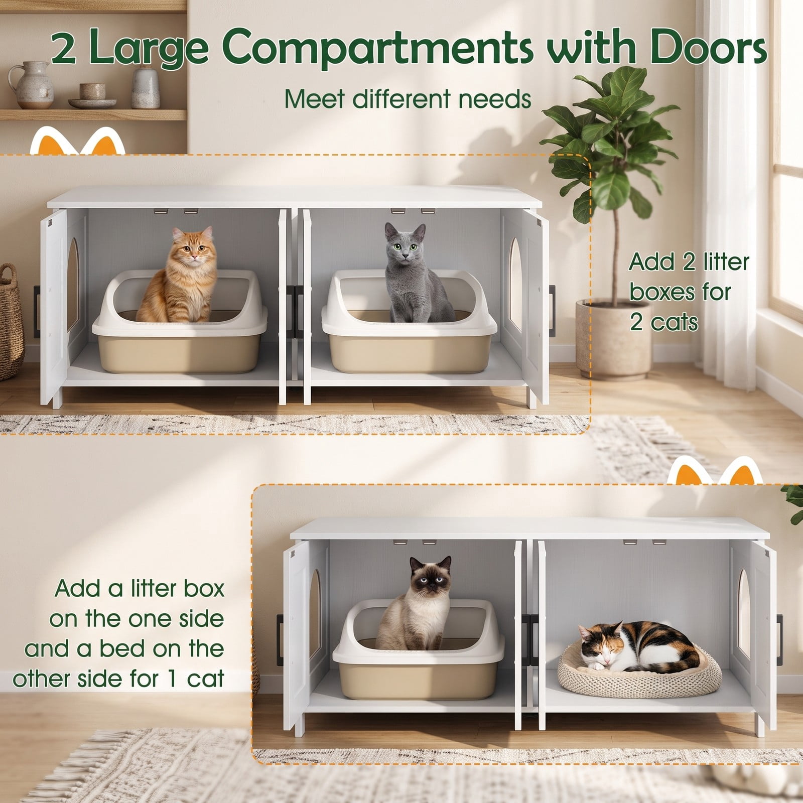 ALPULON Cat Litter Box Enclosure for 2 Cats Modern Kitty Litter Box Furniture Cabinet Hidden Washroom Side Table with Barn Doors and Tabletop, White