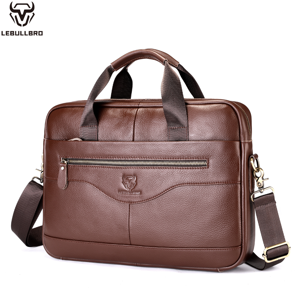 LEBULLBRO Mens Genuine Leather Briefcase Shoulder Messenger Bags Work Laptop Bag Coffee