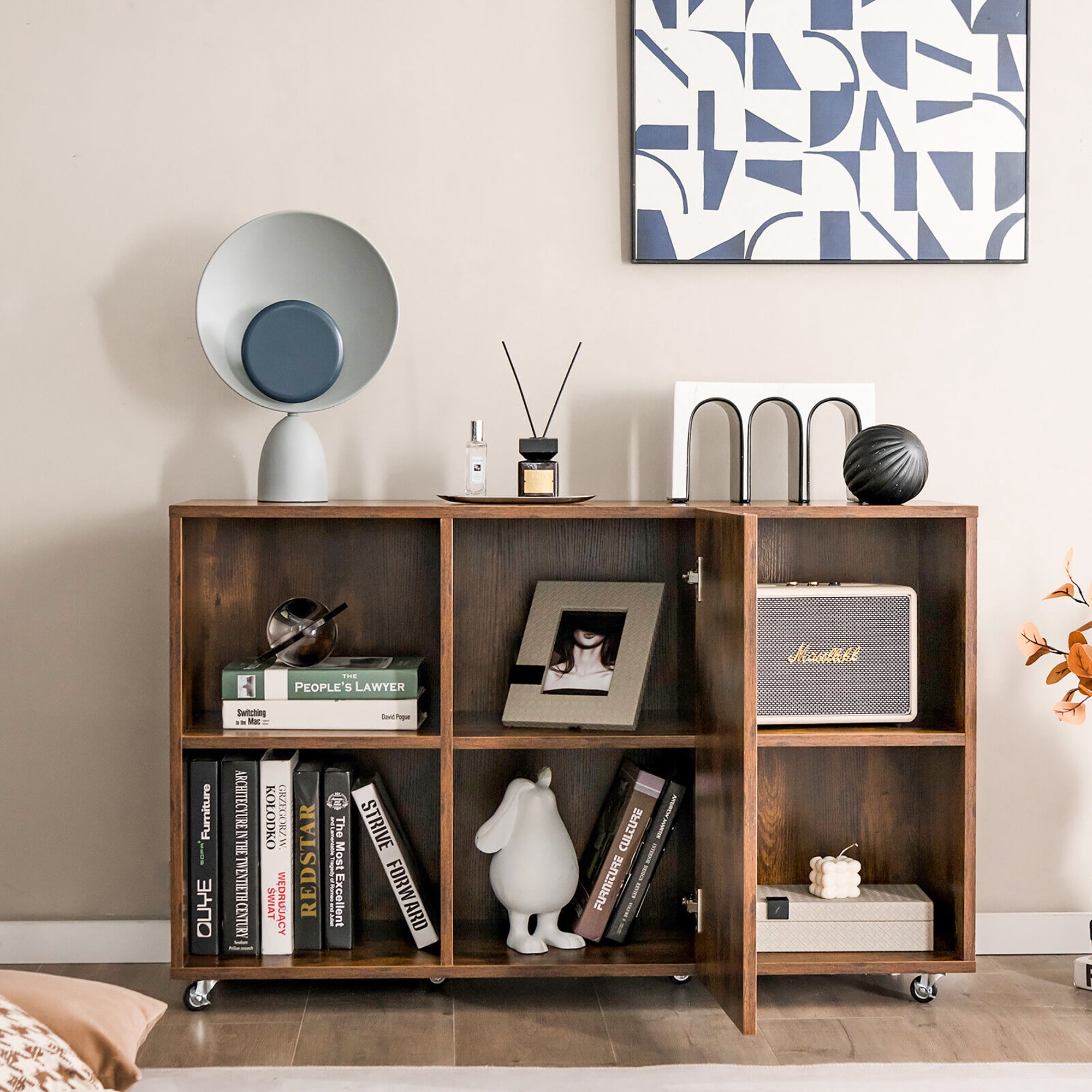 Gymax 3-Tier Wood Bookcase 6 Cube Bookshelf w/ Door Wheels Display Cabinet Rustic Brown