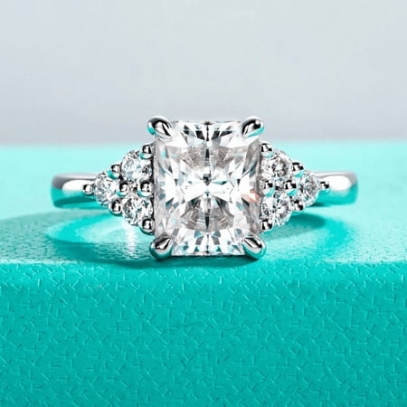 Diamond Sea 3Ct Radiant Cut Moissanite Solitaire Ring for Women 925 Sterling Silver 14K White Gold Plated Engagement Ring