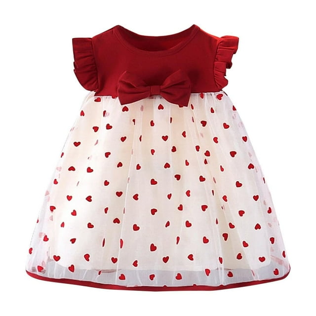 Odeerbi Niñas Verano Corazón Imprimir Tul Vestido Ruffle Manga Bow Princesa Vestido Sin Mangas