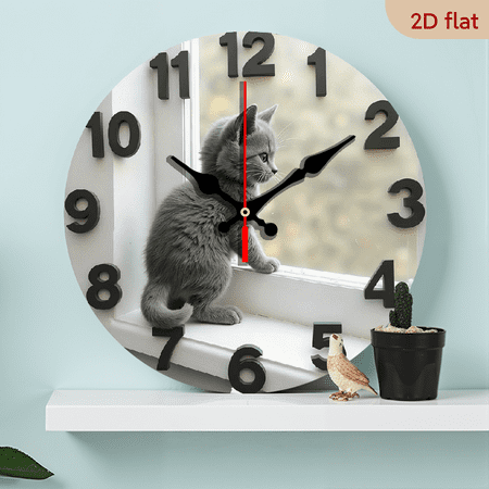 2D Flat 1pc 10Inch Wooden Cute Gray Cat Peeking Through Window Wall Clock - Modern Minimalist Silent Non-Ticking Battery Operated Clock, Wooden Decorative Timepiece for Living Room