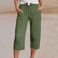 thumbnail image 2 of Plus Size Women's Cotton Linen Drawstring Elastic Waist Capri Shorts, Solid Pocket Lightweight Loose Trousers, Cool Summer Casual Bottoms for Home Vacation Outdoor | TruHer,Army Green 3XL, 2 of 7