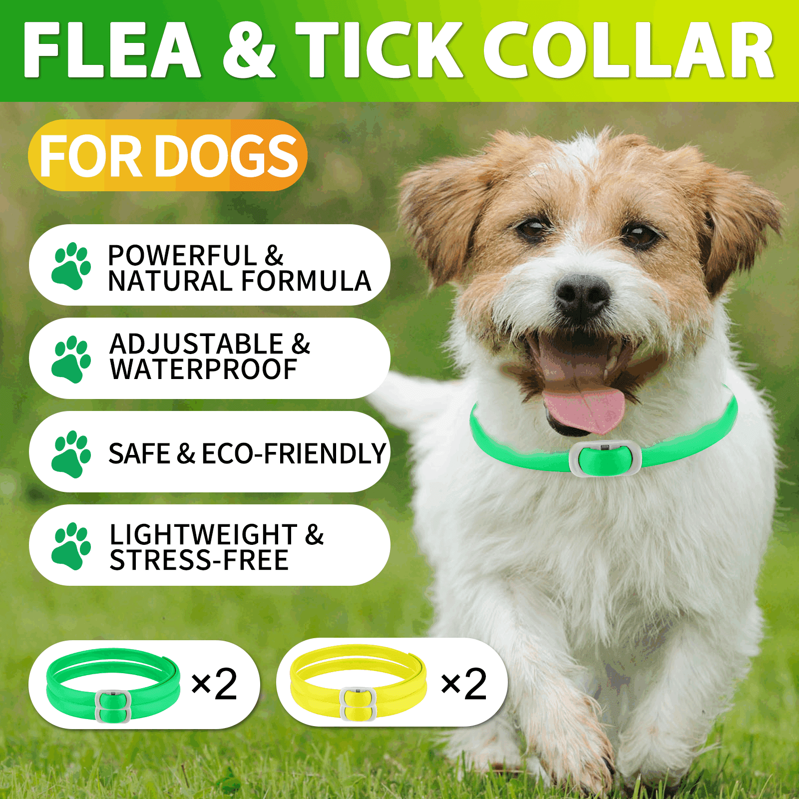 Oimmal Dogs Collar, Mosquito Prevention for Dog, Waterproof, 6 Months Protection, 4 Collars - Green & Yellow