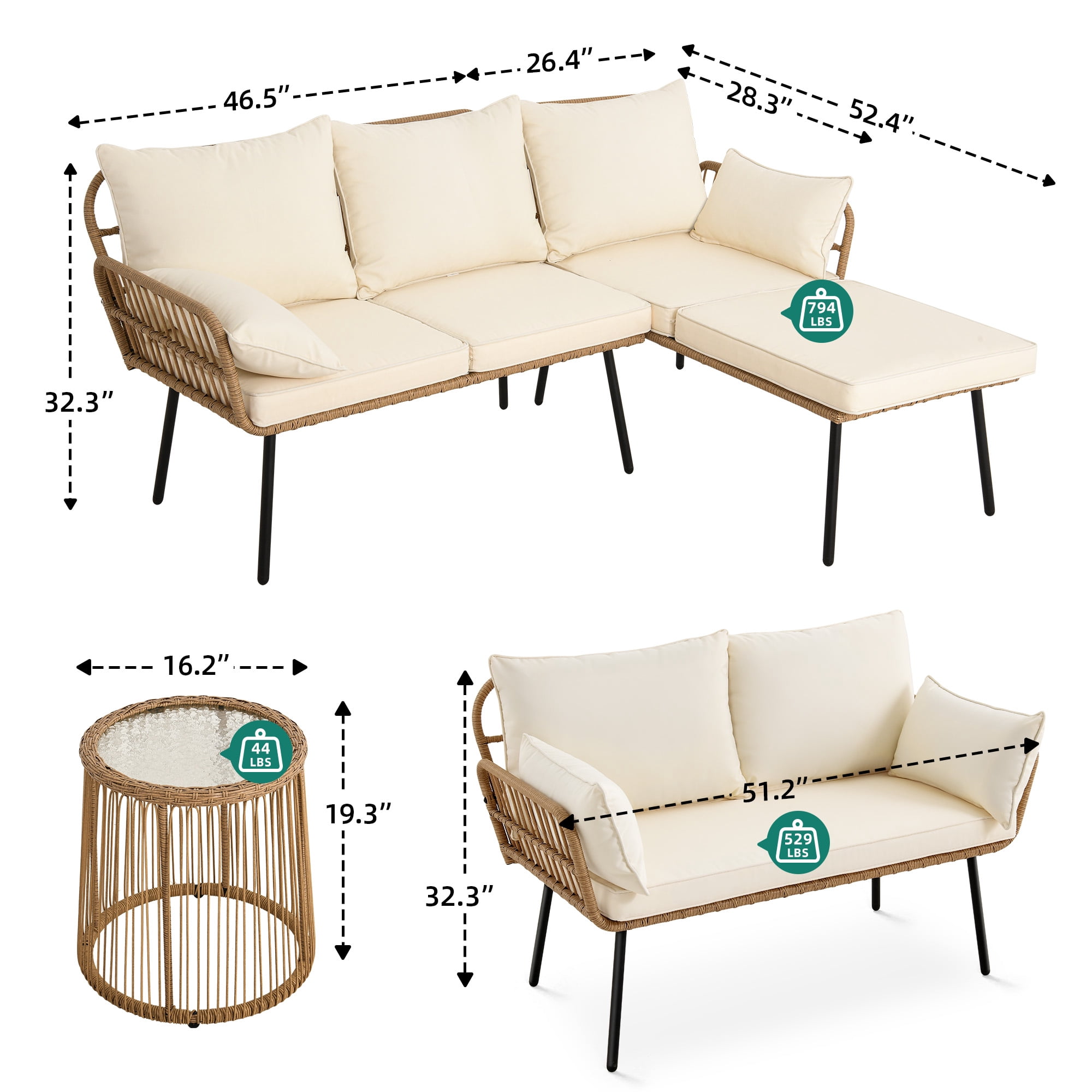 Uforic Patio Furniture Wicker Outdoor Bistro Set, All-Weather Rattan Conversation Loveseat Sofa Chairs and Rectangle Table with Umbrella Hole - Beige