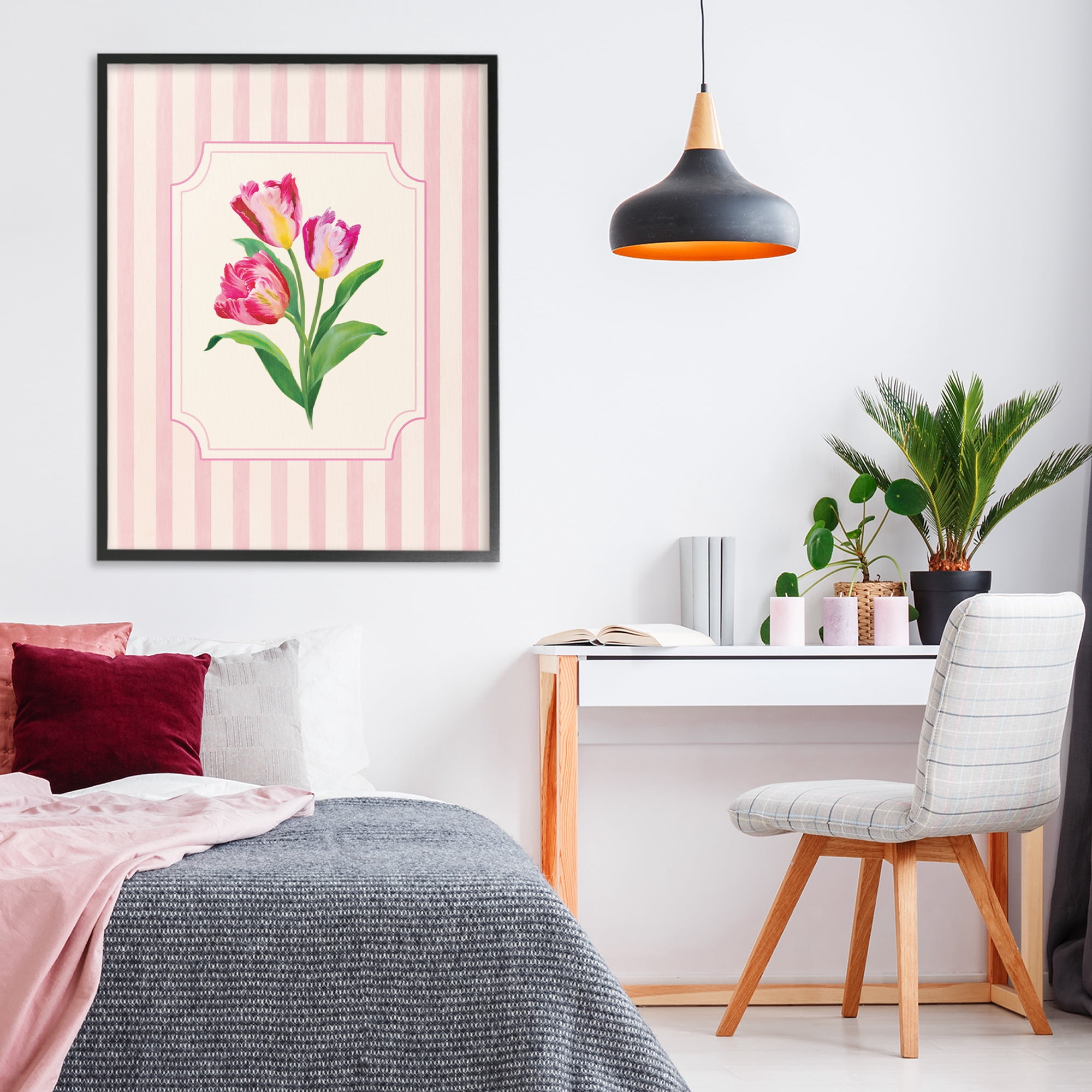 Stupell Industries Magenta Tulips over Stripes Black Framed Giclee Art, design by Diane Neukirch