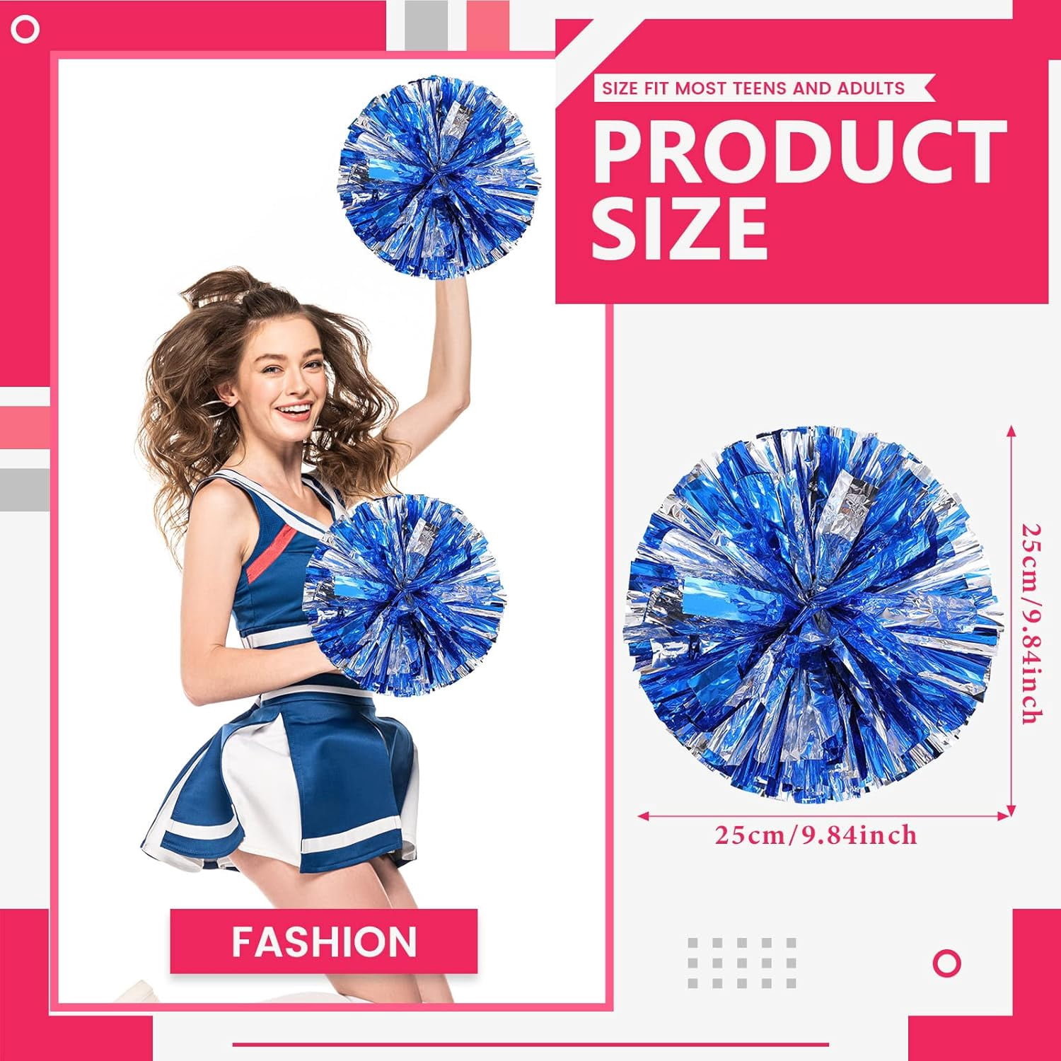 Cheer pom pom, 8 PCS Cheerleading Pom Poms, Premium Metallic Pom Poms Set Cheering Hand Flowers Handle Dance Pom Poms Cheering Squad Pompoms for Football Basketball Cheers